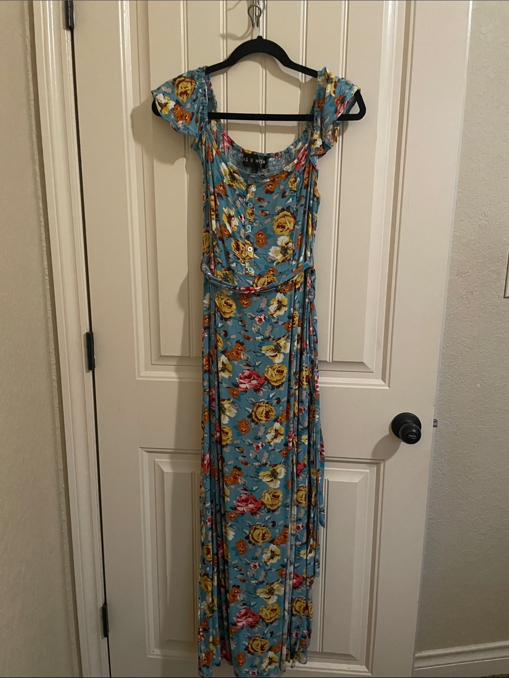 As U Wish Light Blue Floral Maxi Dress with Waist Tie